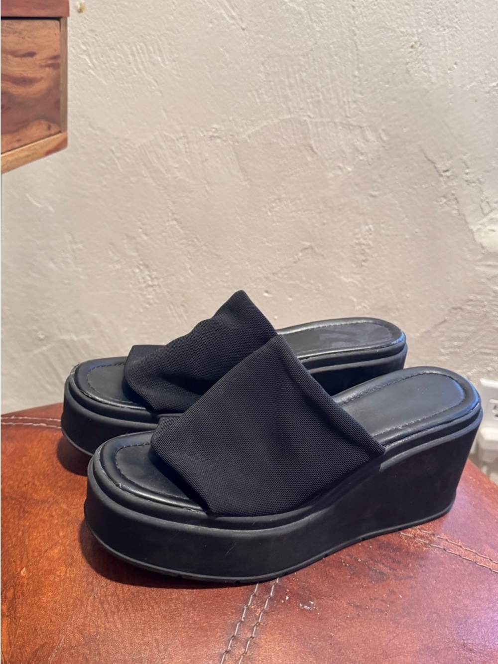 Black Platform Slide Wedge Sandals
